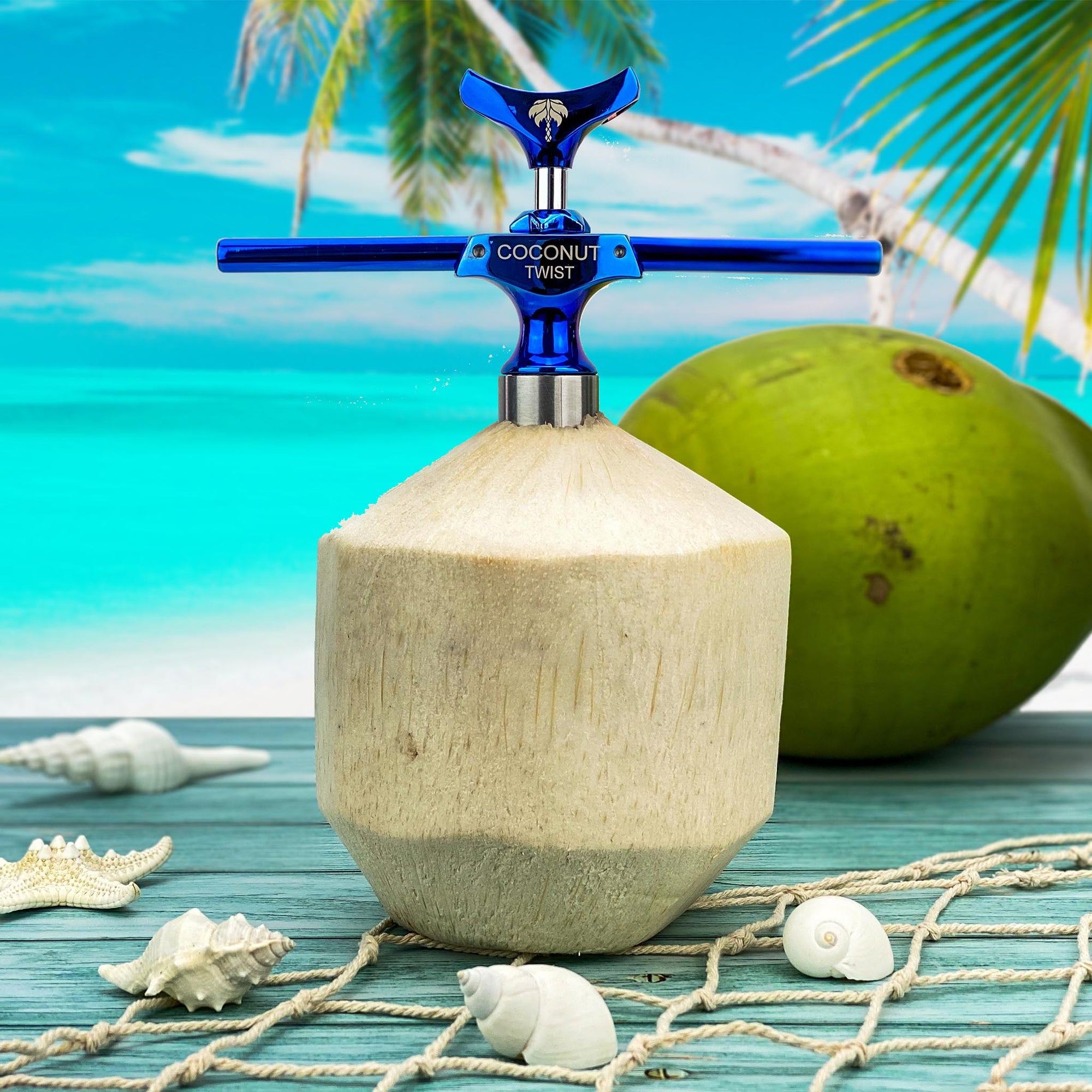 Cocovana Coconut-Twist Thai Young Water Tree Beach Blue Green Tropical Ocean Sand Branches Tool Opener Blue Turquoise Steel Metal