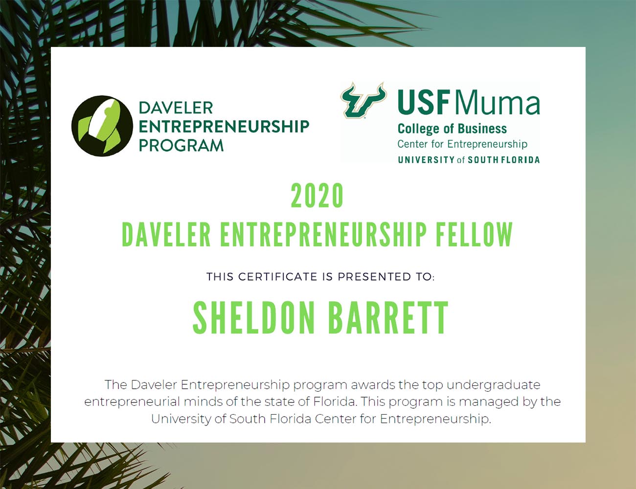 University of South Florida 2020 Daveler Entrepreneurship Program Fellow Sheldon Barrett Cocovana