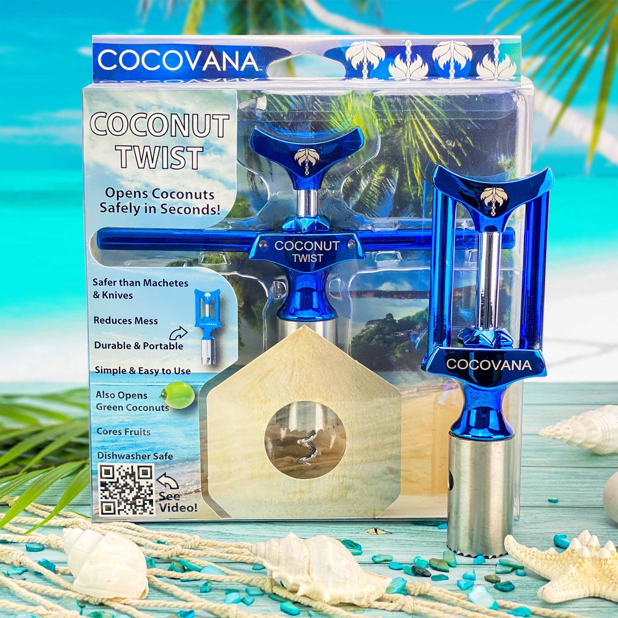 Cocovana Coconut Twist Beach Tropical Tree Ocean Sand Branch Tool Opener Blue Turquoise Steel Metal Stainless Blade Hole Saw Packaging