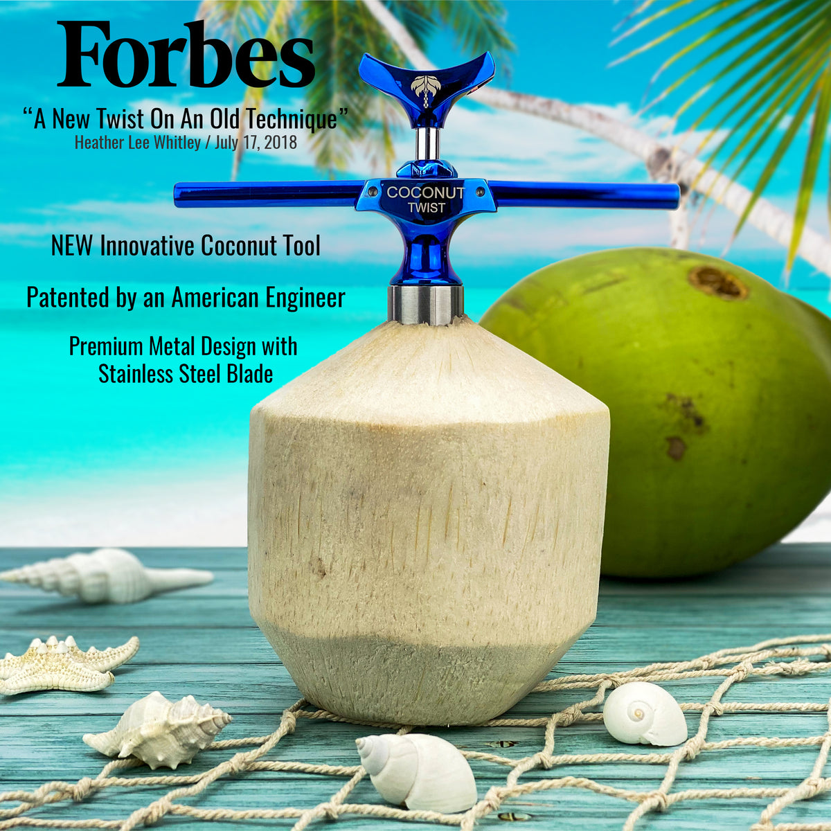 •	Cocovana Coconut Twist Thai Young White Green Beach Tropical Tree Forbes Magazine Ocean Sand Branches Tool Opener Blue Turquoise Steel Metal Stainless Blade Hole Saw Premium Engineer Innovative Patented