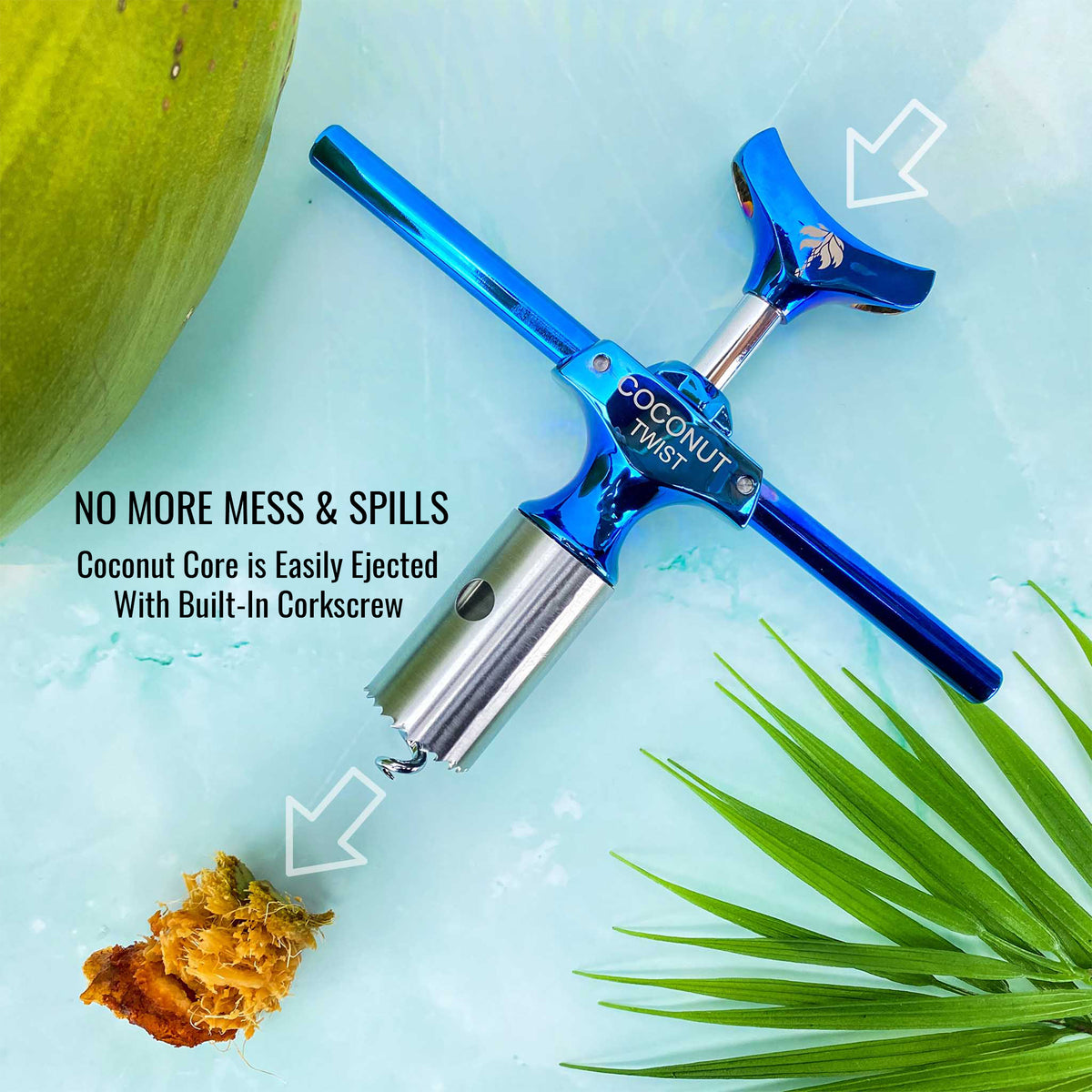 Cocovana Coconut Twist Kitchen Tool Opener Eject Husk Core Trash Corkscrew Blue Turquoise Steel Metal Stainless Blade Green