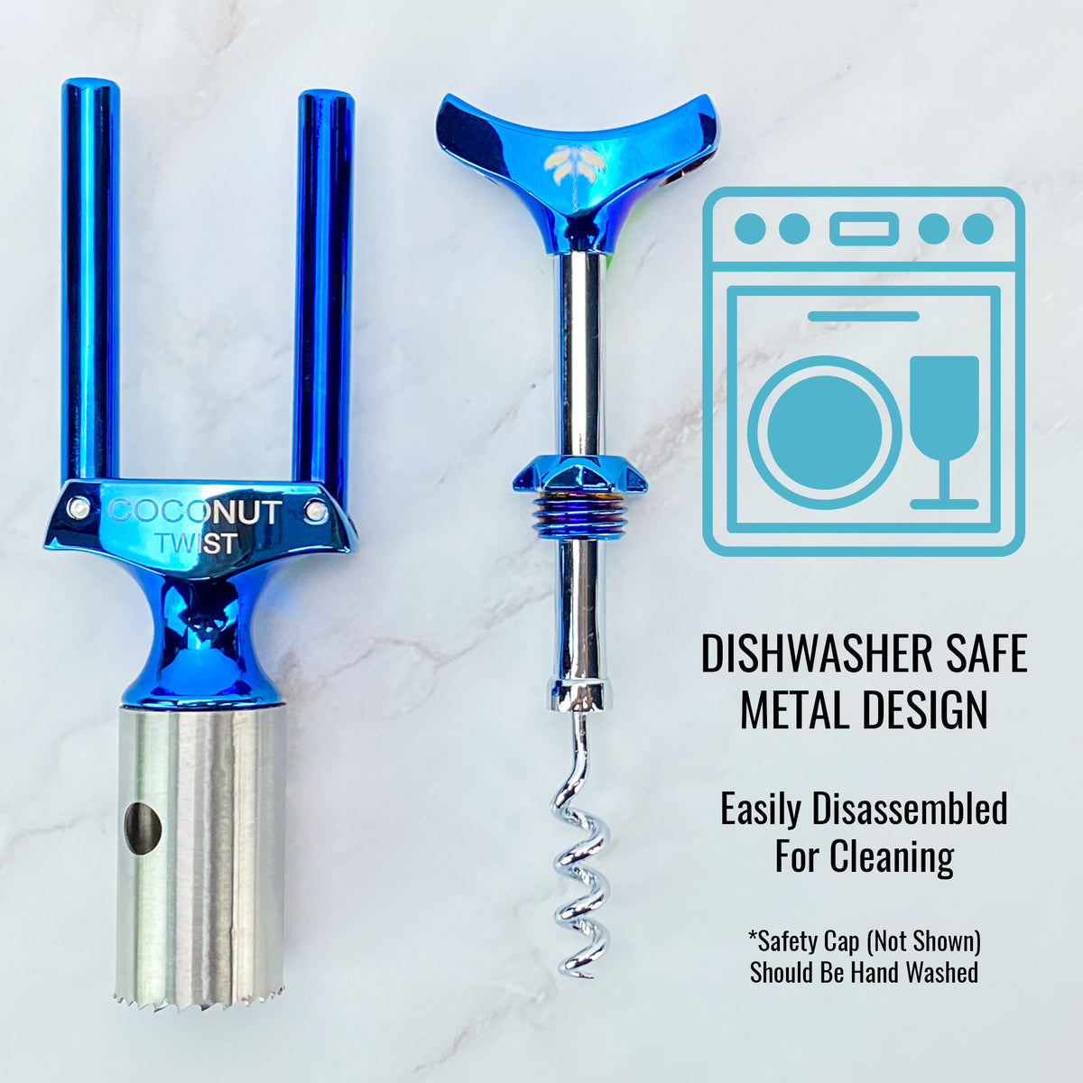 Cocovana Coconut Twist Kitchen Marble Counter Tool Opener Blue Turquoise Steel Metal Stainless Blade Saw Dishwasher Safe Disassemble