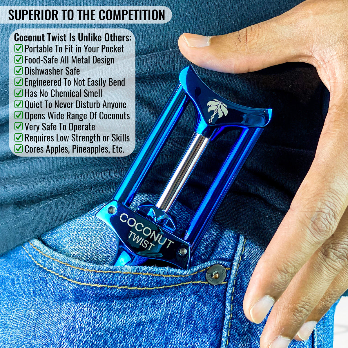 Cocovana Coconut Twist Tool Opener Fits in Pocket Jeans Small Blue Turquoise Steel Metal Portable Take Outside Adventure