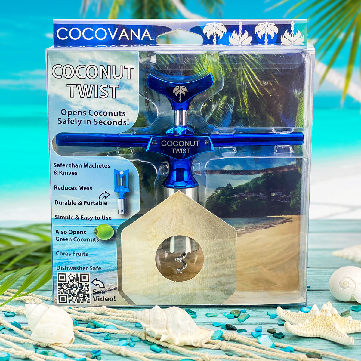 Cocovana Coconut Twist Beach Tropical Tree Ocean Sand Branch Tool Opener Blue Turquoise Steel Metal Stainless Blade Hole Saw Packaging