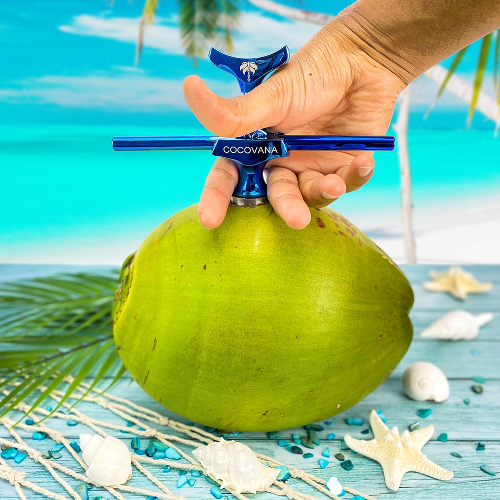 Cocovana Coconut Twist Green Beach Tropical Hand Grip Tree Ocean Sand Branches Tool Opener Blue Turquoise Steel Metal Stainless Blade Hole Saw Premium Seashell Shell Water Gadget