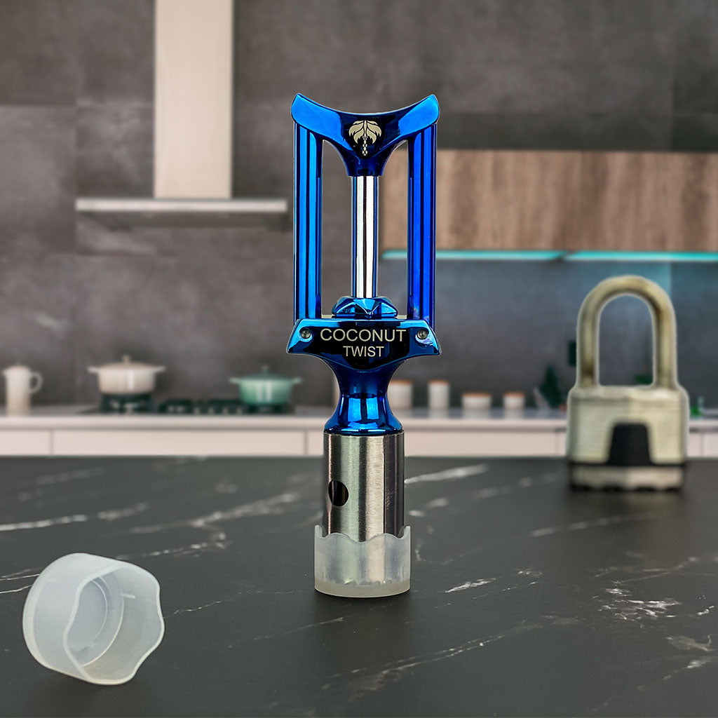 Cocovana Coconut Twist Kitchen Counter Tool Opener Safety Cap Lock Secure Portable Blue Turquoise Steel Metal Stainless Blade Hole Saw Water Gadget