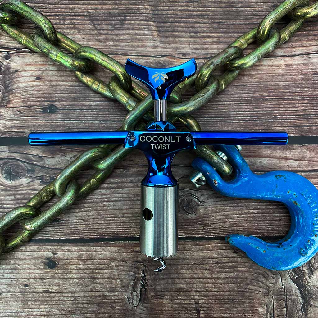 Cocovana Coconut Twist Tool Opener Strong Durable Tough Premium Last Chain Blue Turquoise Stainless Steel Metal Blade Hole Saw Water Gadget Hook