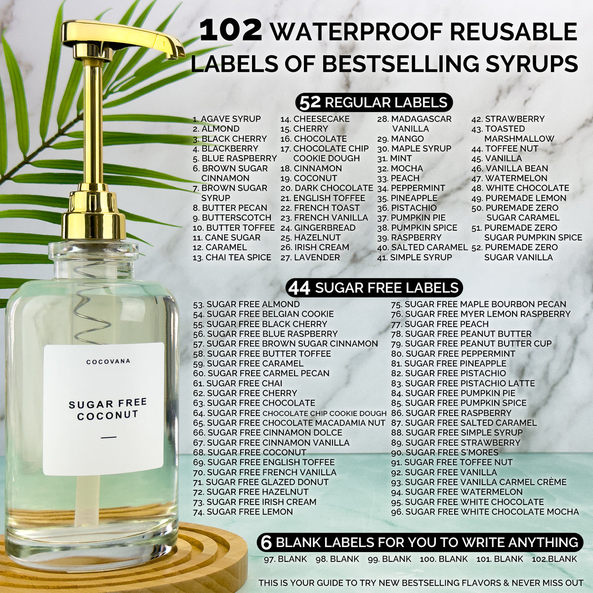 Cocovana Coffee Syrup Dispenser Bar 102 Waterproof Reusable Labels Bestselling Syrups 44 Sugar Free 6 Blank Guide
