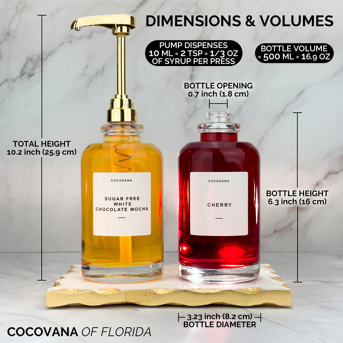 Cocovana Coffee Syrup Dispenser Bar Dimensions Volumes Total Height Bottle Diameter Opening Press Florida ML TSP OZ