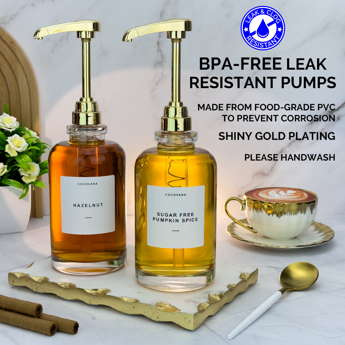 Cocovana Coffee Syrup Dispenser Bar Leak Clog Resistant Shiny Gold Pumps PVC Corrosion Handwash Capuchino Hazelnut Pumpkin Spice Rolled Wafer White Spoon