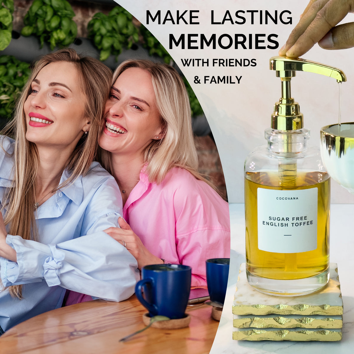 Cocovana Coffee Syrup Dispenser Bar Middle Age Women Friends Laughing Make Lasting Memories Sitting Blonde Salted Caramel