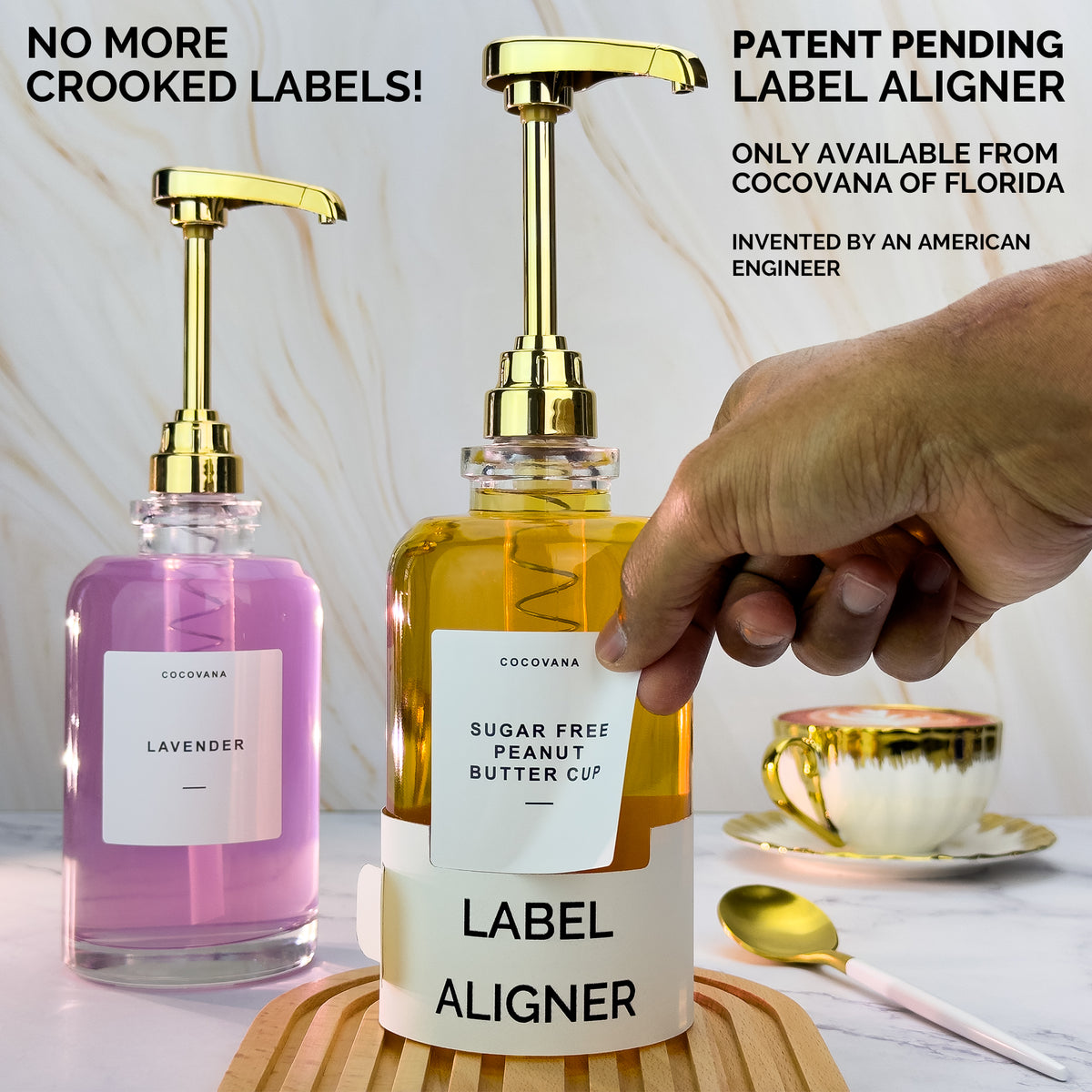 Cocovana Coffee Syrup Dispenser Bar Patent Pending Bottle Label Aligner Crooked Straight American Engineer