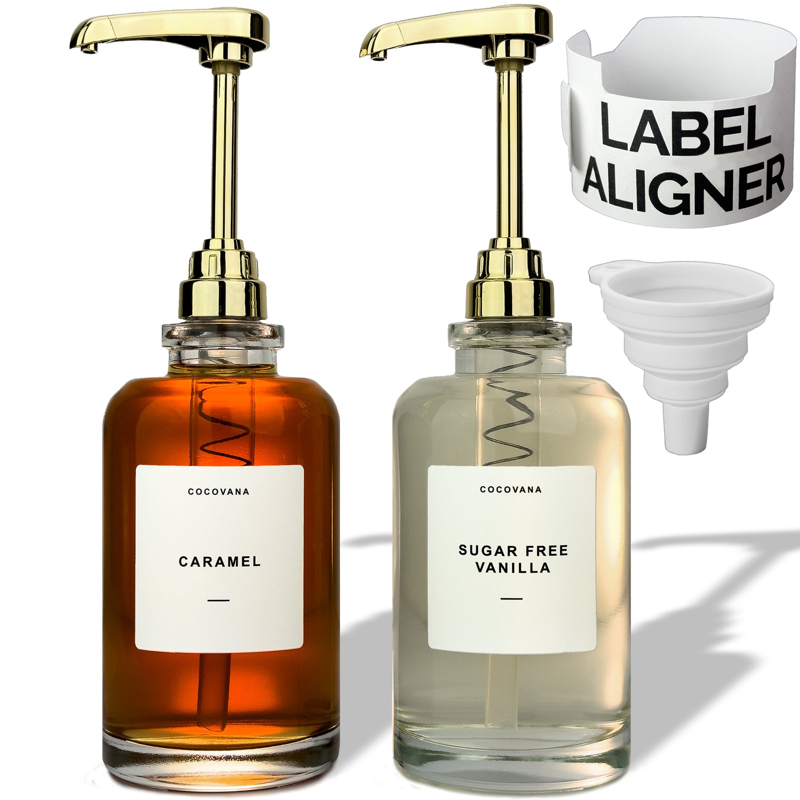 Cocovana Coffee Syrup Dispenser 500 ml - 102 Labels & Aligner - Set of 2 Gold Pumps & Glass Bottles for Coffee Bar - Coffee Sauce Dispenser