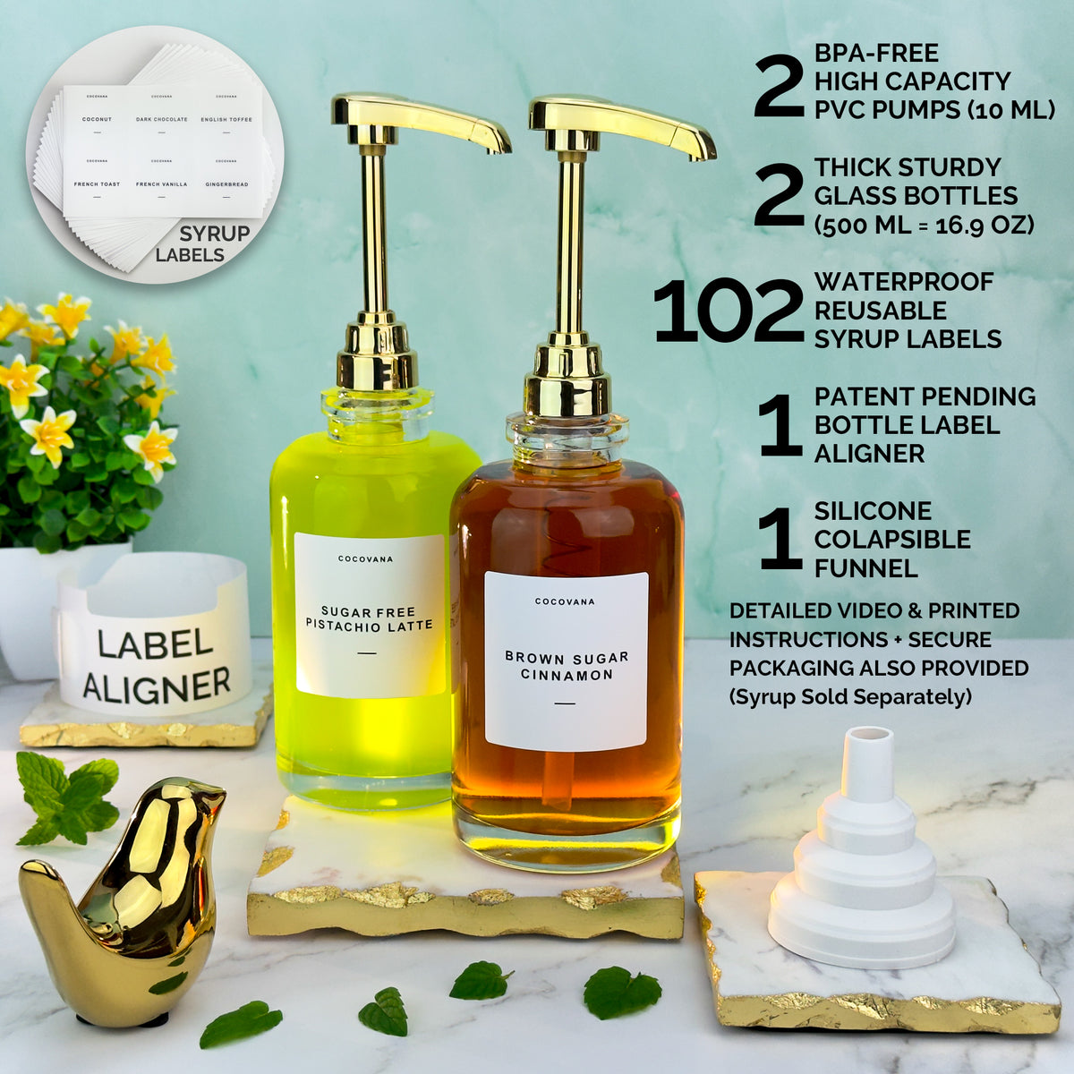 Cocovana Coffee Syrup Dispenser Bar Shiny Gold Pumps Glass Bottles Syrup Labels Aligner Silicone Collapsible Funnel