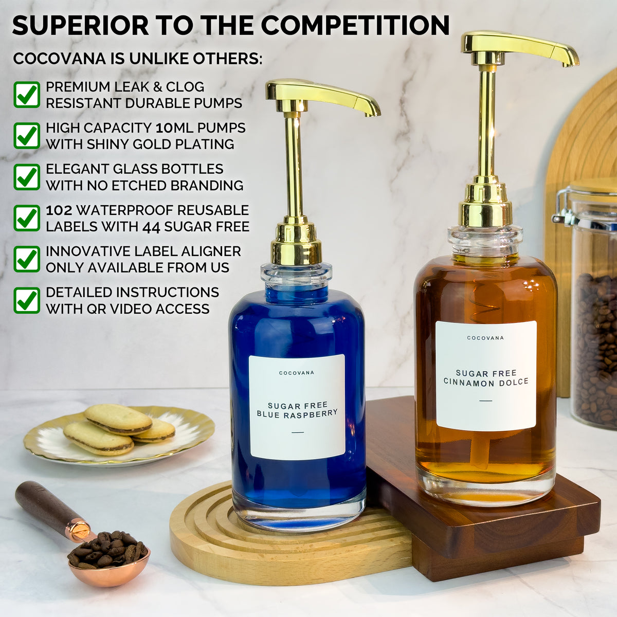 Cocovana Coffee Syrup Dispenser Bar Superior Competition Checklist Leak Clog Resistant 10ML Pumps Labels Blue Raspberry Sugar Free Cinnamon Dolce